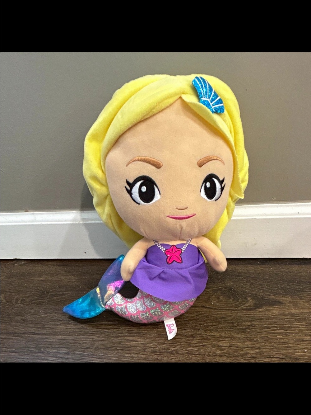 Barbie Plush Mermaid Doll - Yellow Hair, Purple Outfit, Blue Tail Accent